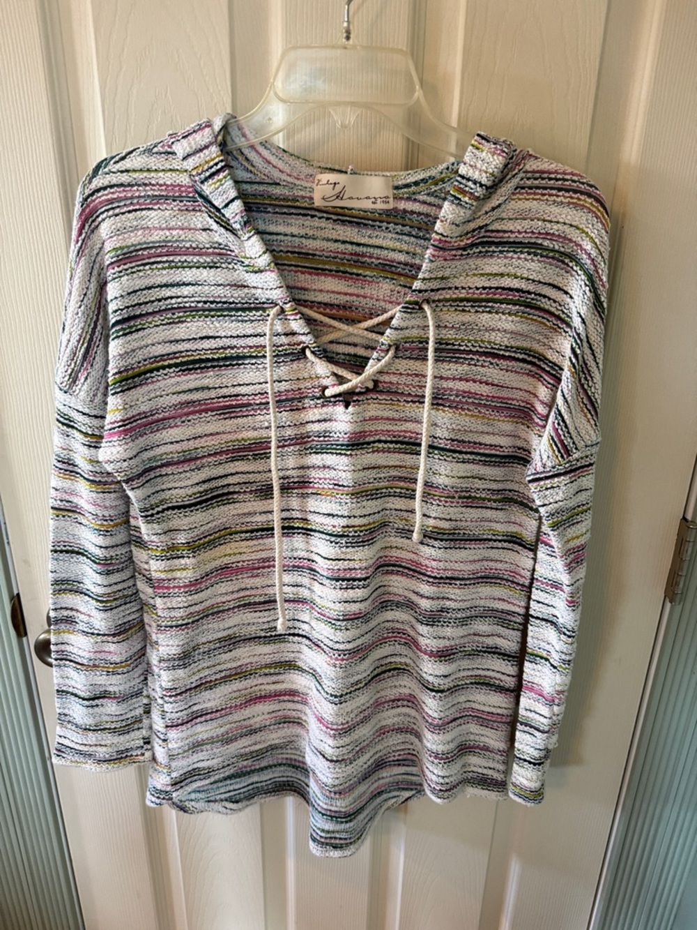 Vintage Havana Lace-Up Hooded Knit Top in White with Multicolor Stripes